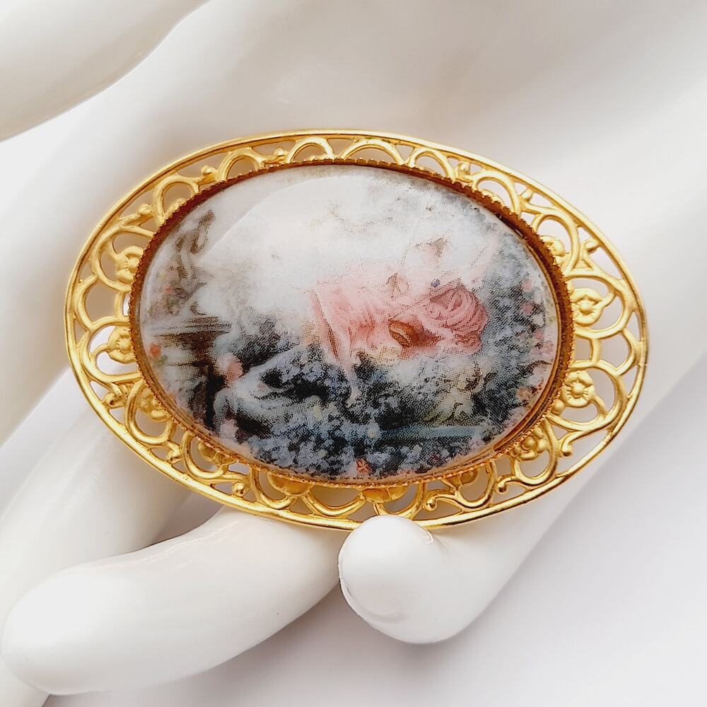 Vintage Porcelain Abstract Painting on Gold Tone Filigree Brooch